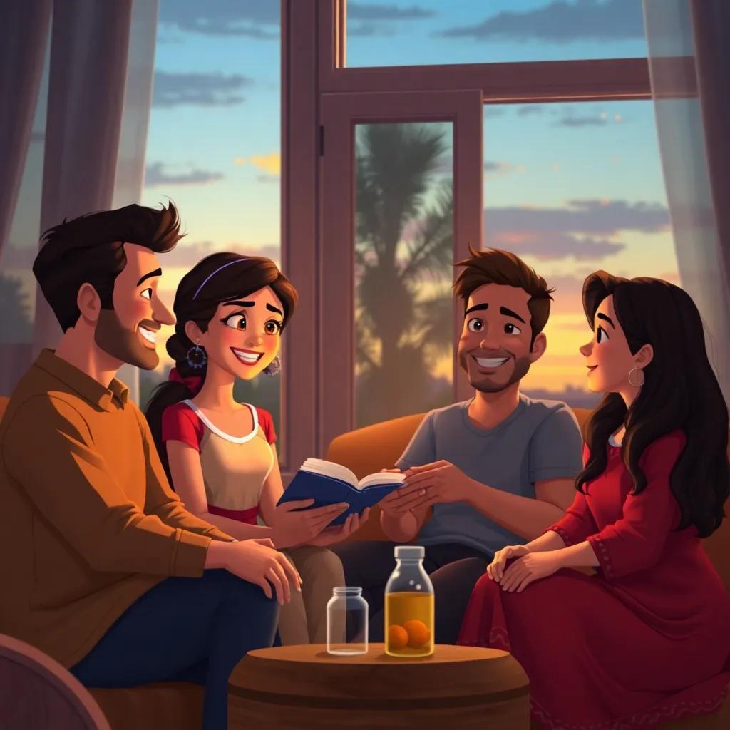 A peaceful evening scene with Lina and her family sitting together, discussing lessons learned, soft light from the sunset shining through the window, warmth and happiness radiating from their smiles