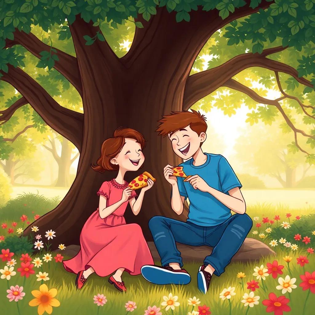 Linc and Mia sitting under a big tree in a park, both laughing and sharing pizza slices, Linc still in his blue t-shirt and jeans, Mia in her pink dress, surrounded by flowers, sunlight filtering through the leaves, warm and inviting, illustration, playful and happy, high quality