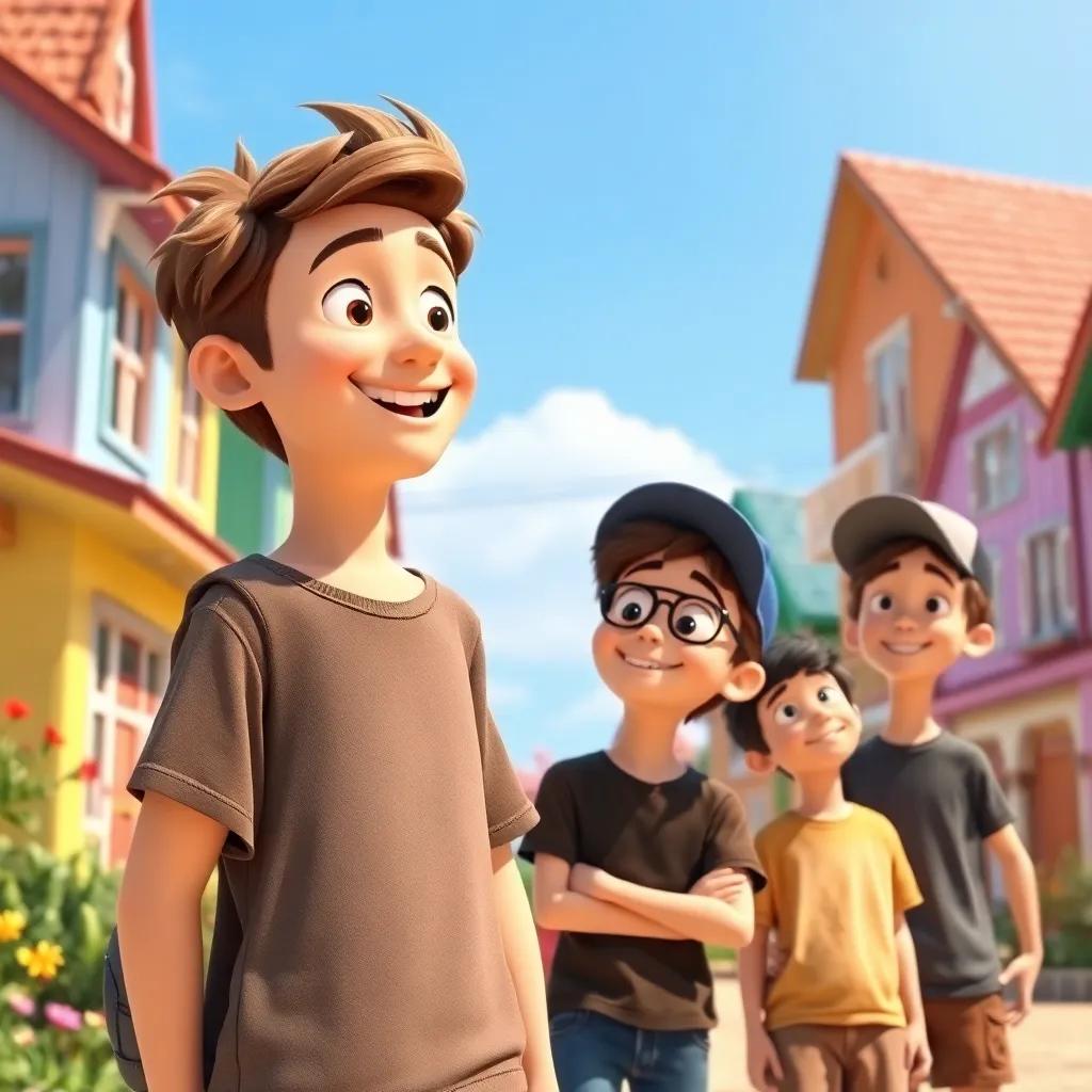 A happy village scene with colorful houses in Ferdinand, a 15-year-old boy, Lincoln, with brown hair in a casual t-shirt, talking excitedly to his brothers, Samuel, a slightly younger boy with glasses, Spruce, a tall boy wearing a cap, and Floyd, a younger boy, all looking hopeful, bright blue sky, cheerful atmosphere, digital art, lively details, vibrant colors