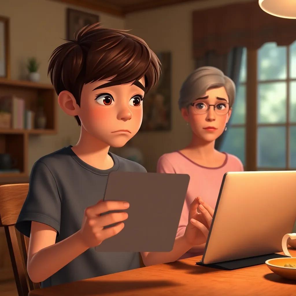 Lincoln, a 15-year-old boy with brown hair in a casual t-shirt, looking sad and confused holding a blank screen, while his mother, Miss Miller, a kind woman, watches him with a serious expression, sitting at a table in their cozy home, warm lighting, emotional scene, digital art, storytelling view, soft colors