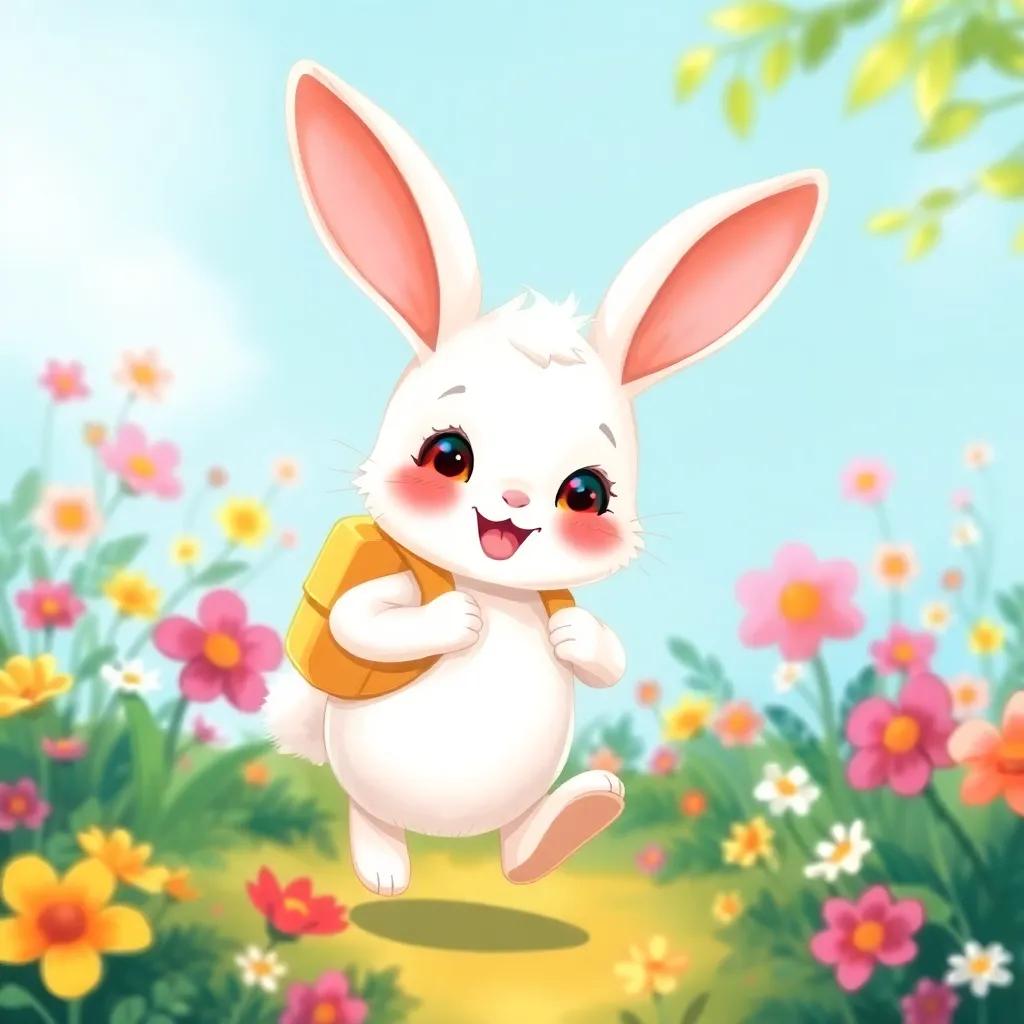 A little bunny named Linda, with soft white fur, wearing a small backpack, happily hopping in a bright garden full of flowers, digital art, cheerful atmosphere, vibrant colors, joyful expression, high quality