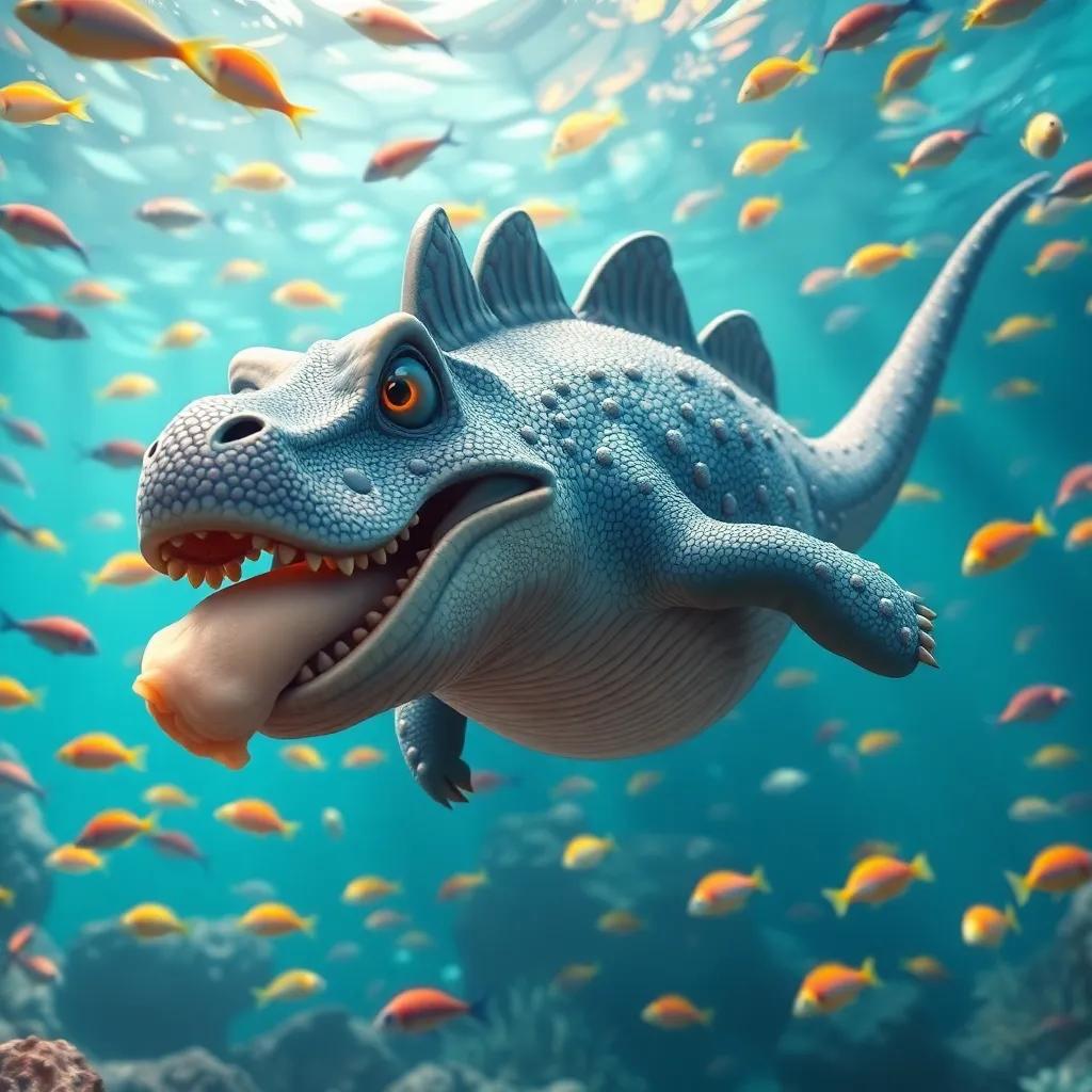 A large mosasaurus with shimmering scales, diving underwater and munching on chicken food, in a crystal-clear tank filled with colorful fish, vibrant light, underwater scene, cartoonish, fun perspective, high quality