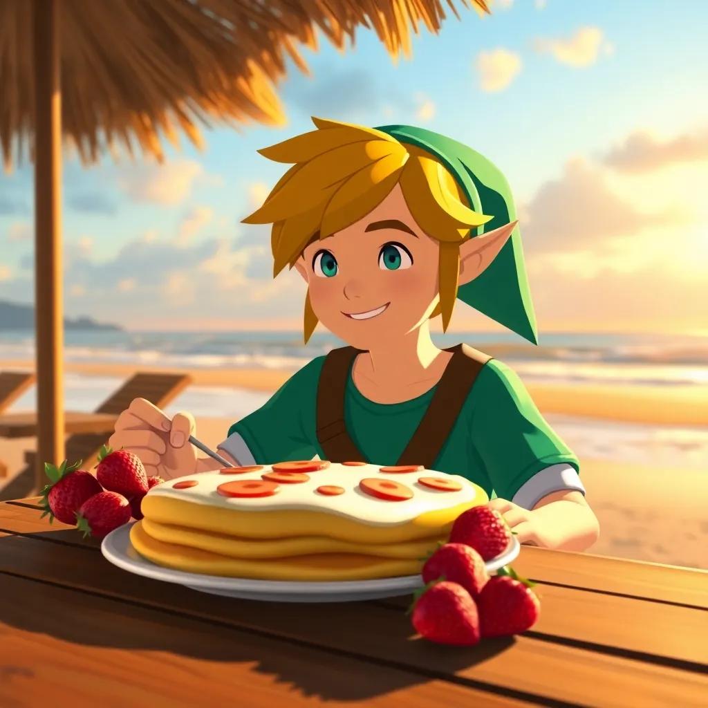 Link, happily sitting at a table with a plate of fluffy pancakes and fresh strawberries, enjoying his meal by the beach, warm sunset light, golden colors, natural scene, inviting atmosphere, high quality
