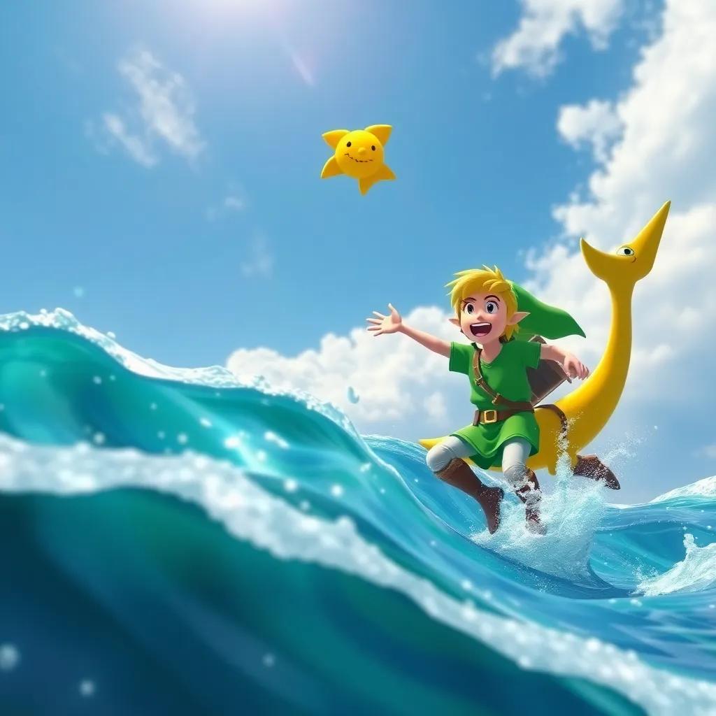 A joyful Link tossing a bright yellow shark toy into the waving ocean, with his mosasaurus eagerly swimming towards it, bright sky, action-filled scene, dynamic perspective, colorful, high quality