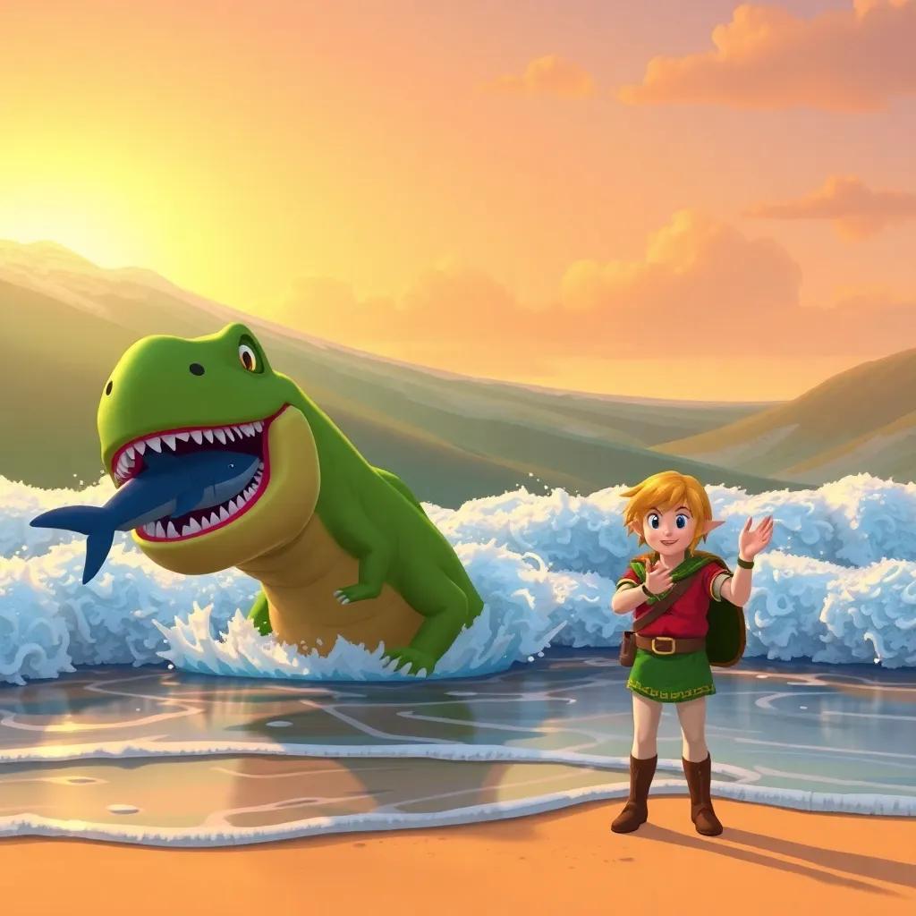 The mosasaurus emerging from the waves with the shark toy in its mouth, while Link cheers and claps on the beach, golden sunset, lively scene, warm colors, child-friendly, high quality