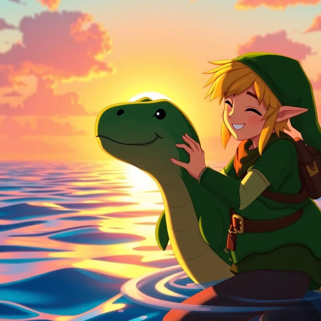 Link affectionately petting the mosasaurus at sunset, bright colors reflecting on the ocean, both happy and relaxed, warm and inviting atmosphere, high quality