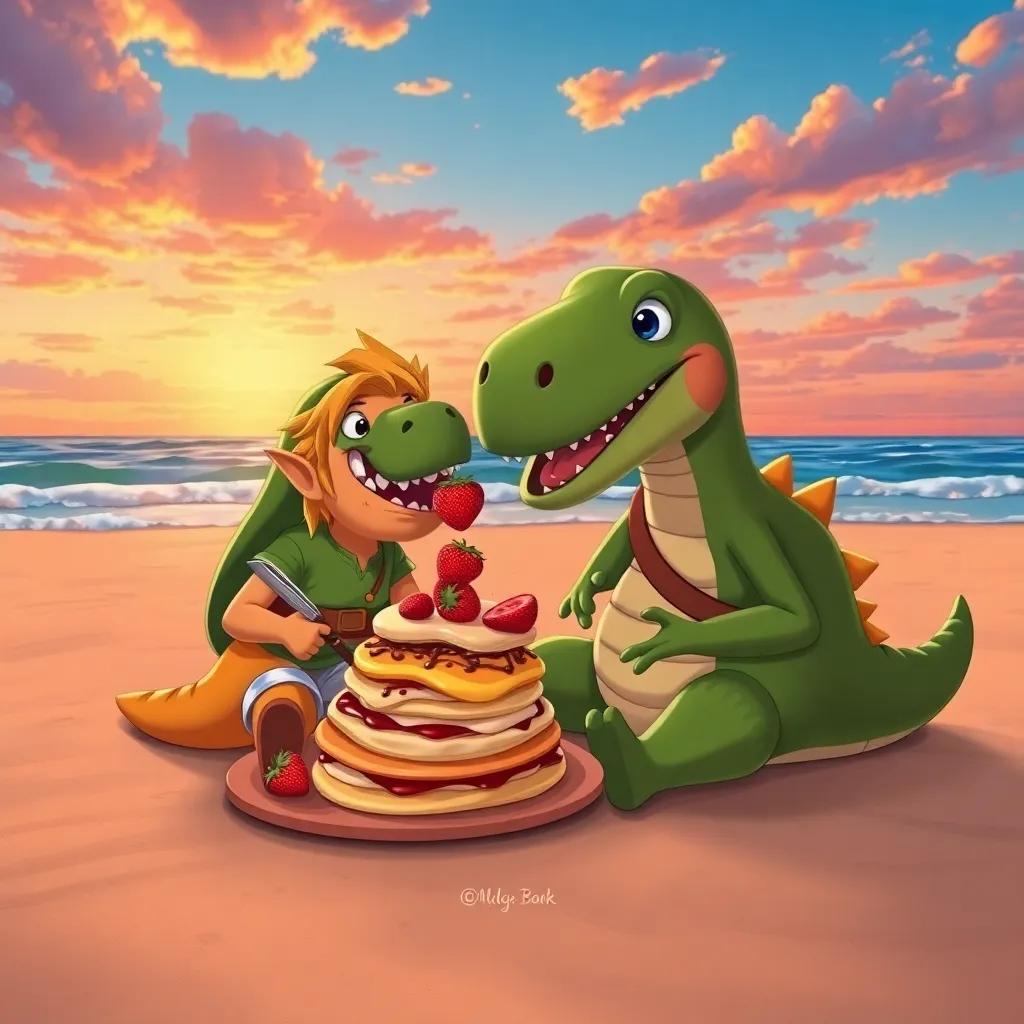 Link and his mosasaurus sharing pancakes and strawberries while sitting on the sandy beach, colorful sunset sky, cozy and delicious scene, cheerful, high quality