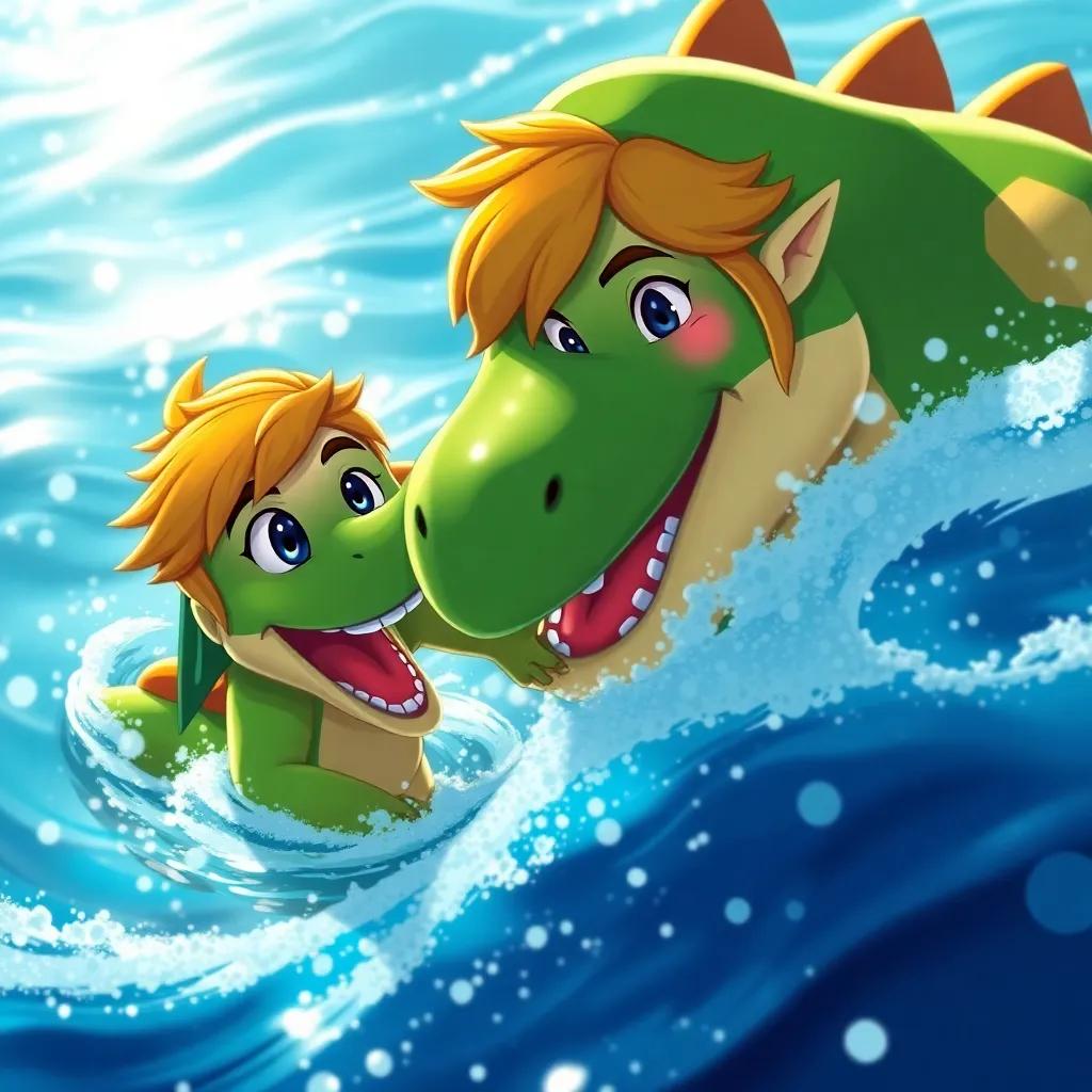 Link smiling and getting nudged by the mosasaurus, surrounded by the ocean waves while playing fetch, shiny water, playful mood, vibrant colors, animated feel, high quality
