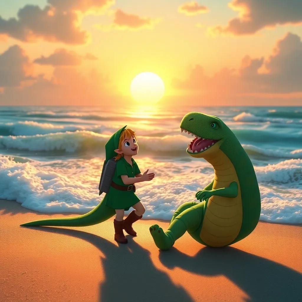 Link and the mosasaurus laughing and playing near the shoreline as the sun goes down, colorful waves and sandy beach, warm light, enchanting atmosphere, high quality