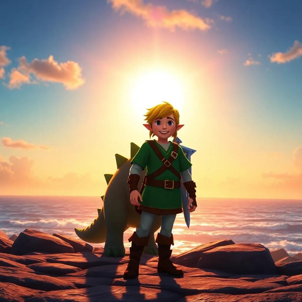 Link standing by the ocean, joyful with his mosasaurus in the sunset backdrop, beautiful and expansive view, bright and colorful, magical, high quality