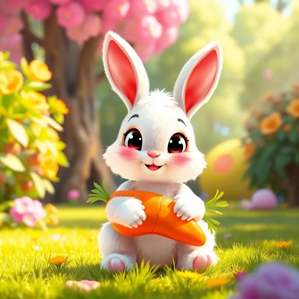 A cute little bunny, Lino, with fluffy white fur and big bright eyes, sitting in a sunny clearing of the Bouncy Berry Forest, holding a big orange carrot, cheerful atmosphere, vibrant colors, smiling face, playful mood, digital art, child-friendly
