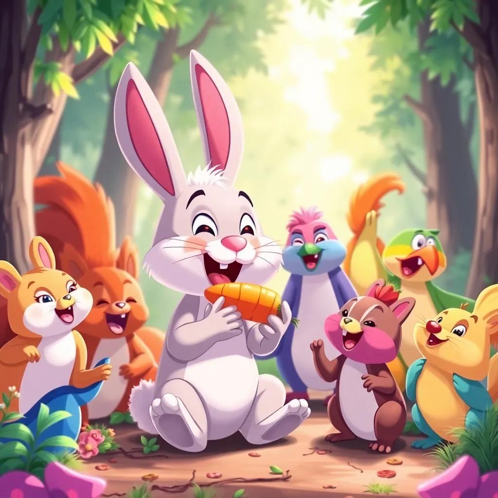 Lino the bunny, sharing his crunchy carrot with his friends, a group of colorful forest animals like squirrels and birds, joyful scene in the Bouncy Berry Forest, bright sunlight, happy expressions, illustration, engaging and colorful