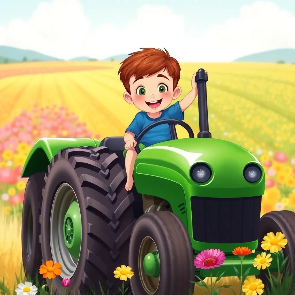 A young Caucasian boy, Fletcher, around 5 years old, with short brown hair, wearing a blue t-shirt and green shorts, excitedly sitting on a big shiny green tractor on a sunny day, vibrant fields of flowers in the background, playful atmosphere, digital art, bright colors, high quality