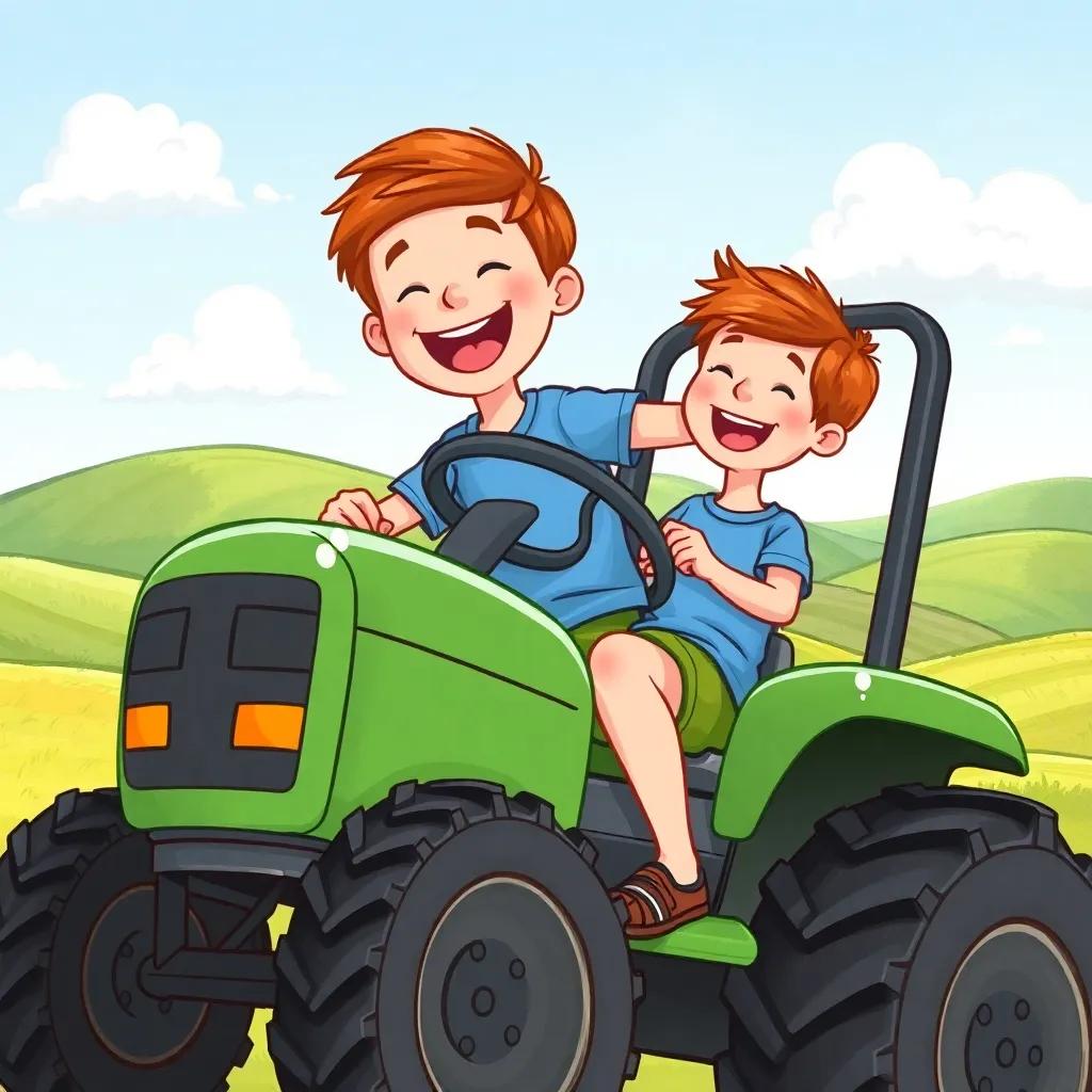 A young Caucasian boy, Fletcher, around 5 years old, with short brown hair, wearing a blue t-shirt and green shorts, holding the steering wheel tight and laughing while bouncing on a green tractor, with rolling hills and fluffy white clouds in the background, joyful scene, cheerful, child-friendly art