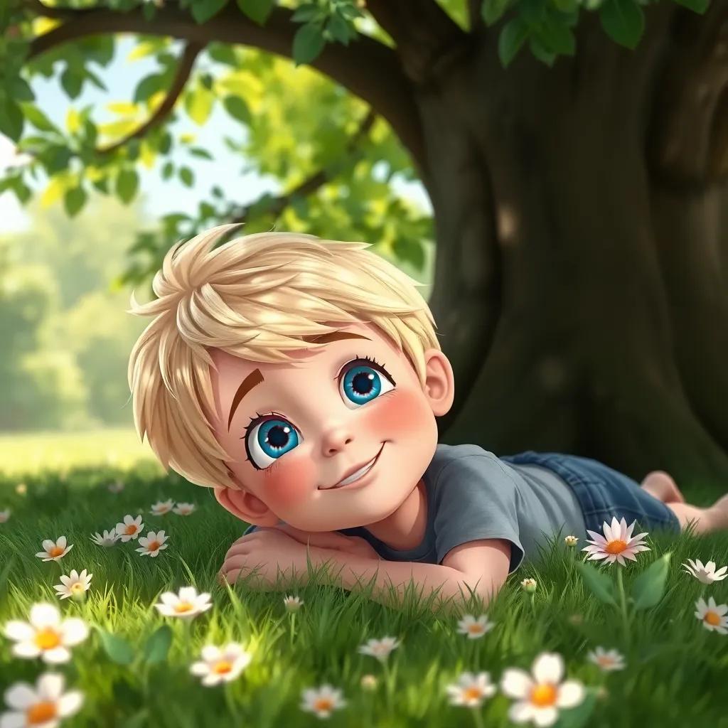 A young boy, Little Fletcher, with short blonde hair and bright blue eyes, lying on the grass with a dreamy smile under a big shady tree, surrounded by flowers, cheerful, bright colors, digital art, charming atmosphere, high quality