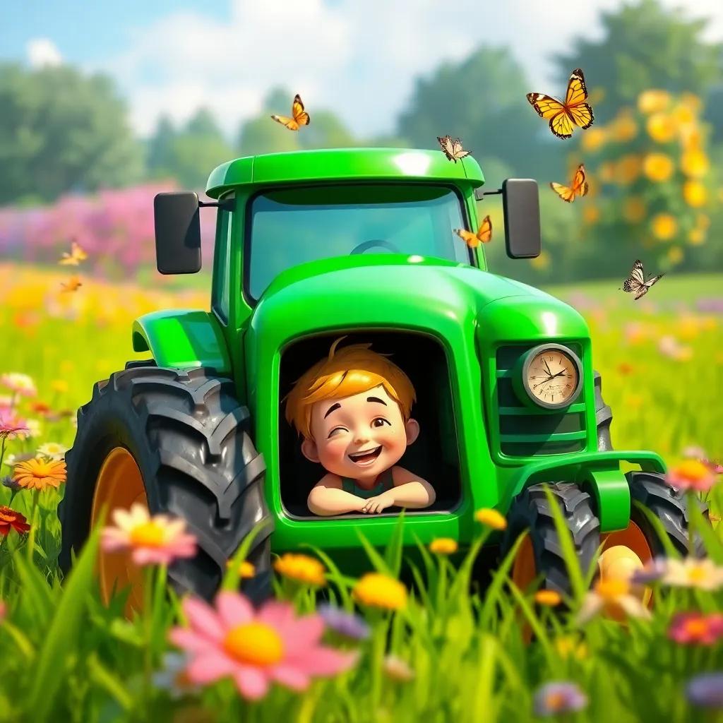 A magical field with a shiny green tractor, Little Fletcher, a young boy with blond hair, sitting happily inside, giggling with excitement, butterflies fluttering around, vibrant flowers in background, colorful, inviting atmosphere, child-friendly