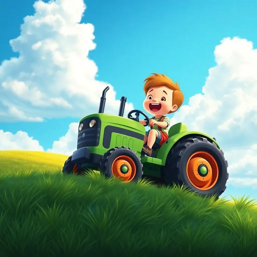 Little Fletcher driving the green tractor over a beautiful hill, laughing joyfully, under a bright blue sky with fluffy clouds, surrounded by lush green grass, imaginative illustration, uplifting, fantasy-like, high quality