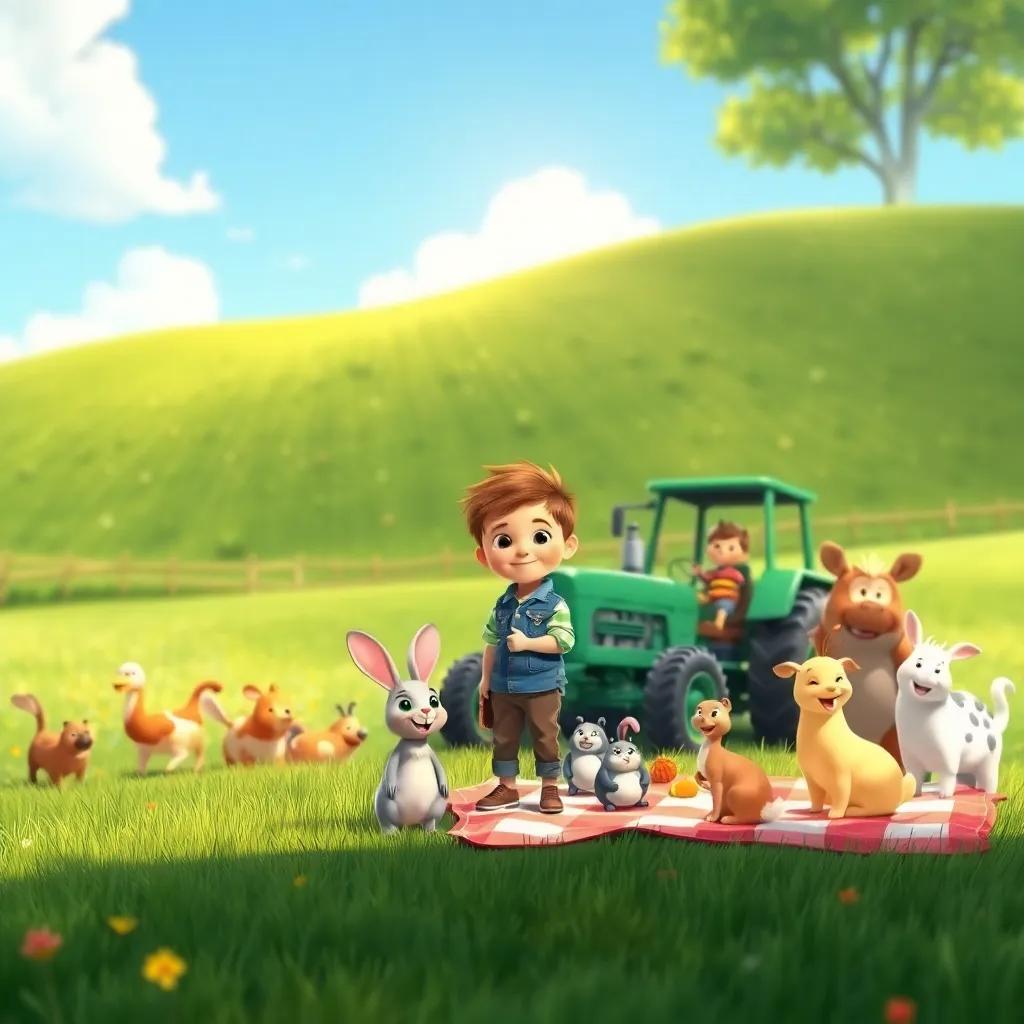 At the bottom of a hill, Little Fletcher with a friendly rabbit beside him, cheerful animals gathering around the tractor, sunny day, picnic blanket in the green meadow, joyful, warm colors, fun atmosphere, child-friendly