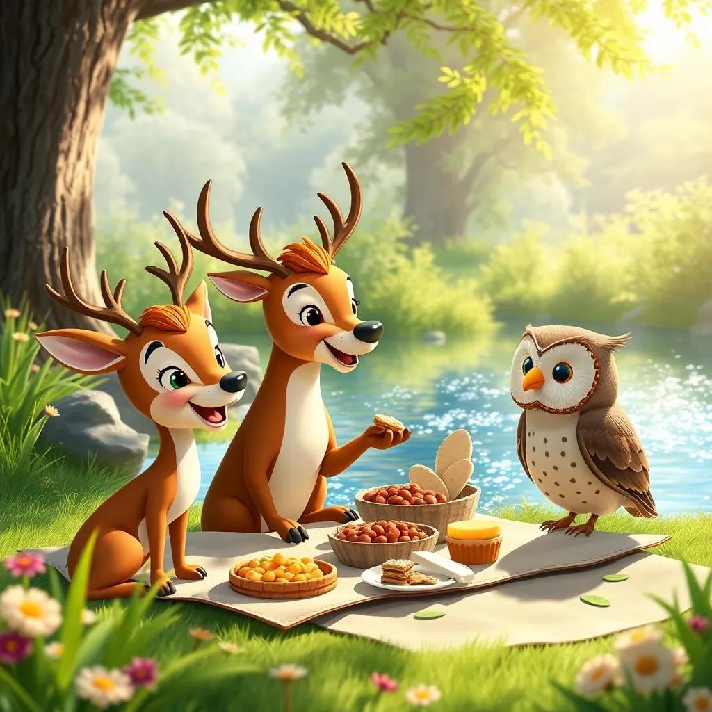 A picnic scene by a sparkling pond, Little Fletcher sharing treats with a deer and an owl, everyone laughing and having fun, beautiful nature surrounding them, bright light, cheerful, whimsical, high quality
