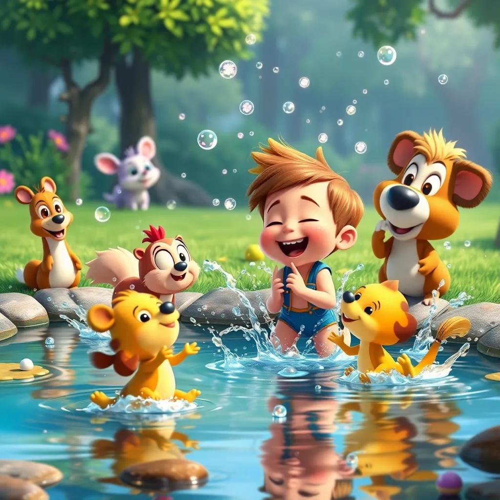 Little Fletcher laughing and playing games with his animal friends near the pond, splashing water everywhere, all having fun in a magical environment, colorful, energetic, joyful scene, child-friendly