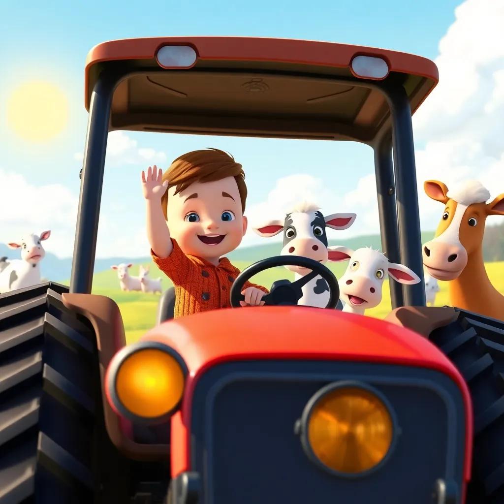 Little Fletcher waving goodbye to the animals from the tractor, waving hands, lots of cheerfulness around, beautiful landscape, bright sunshine, whimsical, heartwarming scene, high quality
