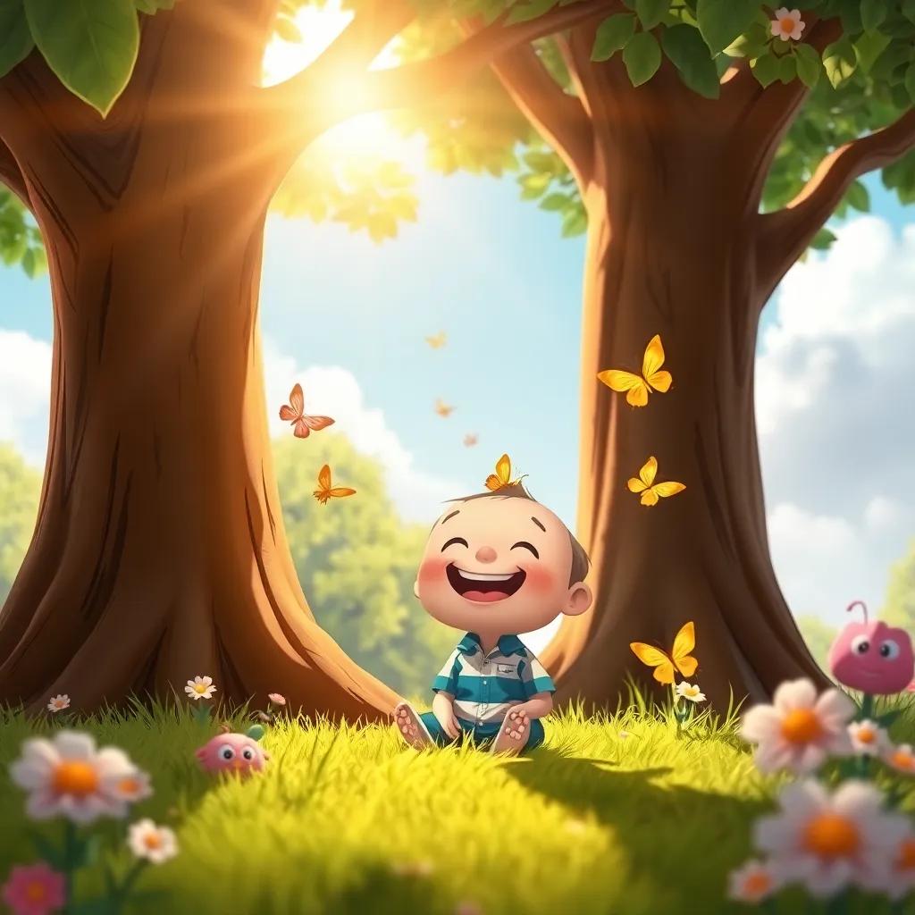 Little Fletcher waking up under the tree with a big smile, the sun shining down, with butterflies around him, cheerful and warm, bright colors, inviting atmosphere, high quality