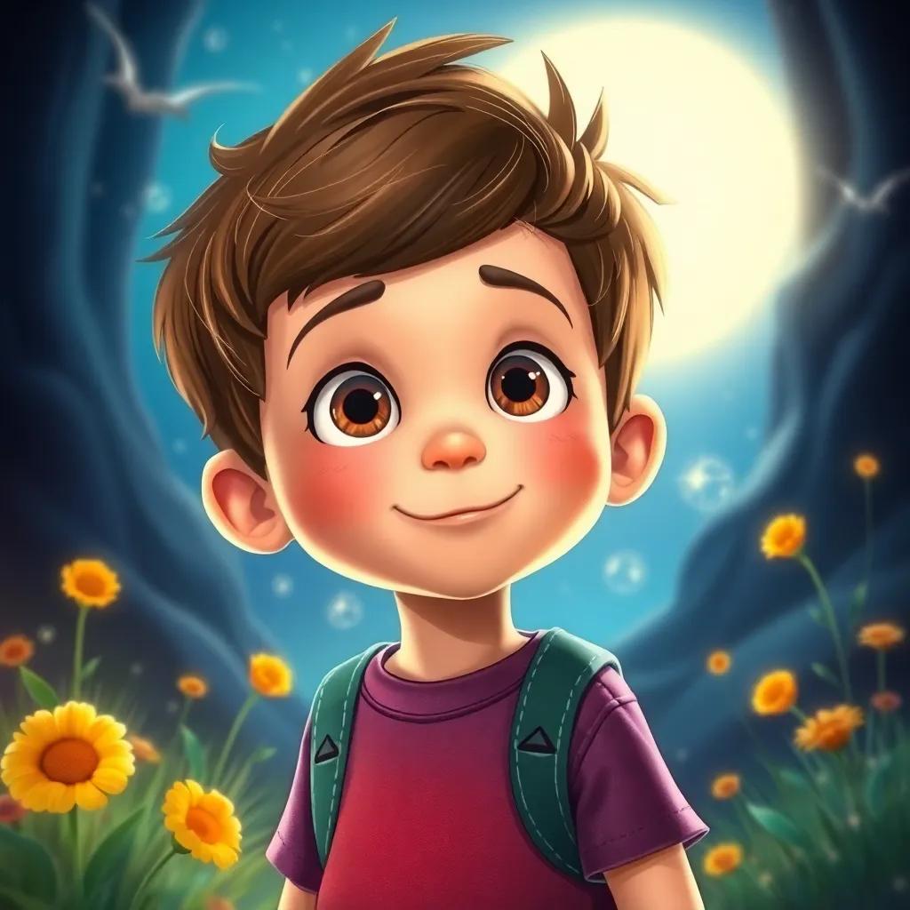 Little Fletcher, a young boy with kind eyes, dreaming of magical adventures, colorful, imaginative, child-friendly