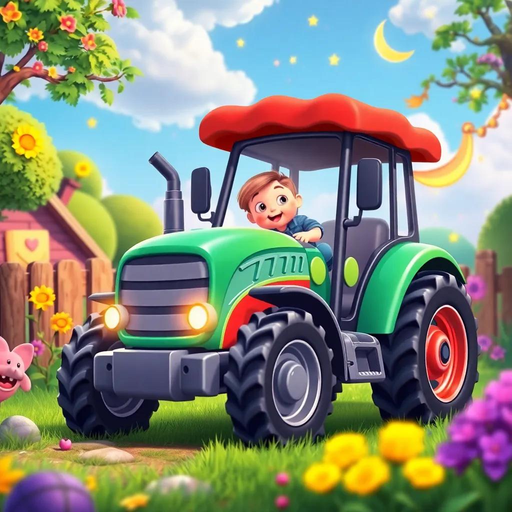 Little Fletcher's dream world with the magical tractor, colorful and bright, filled with joy and wonder, perfect for children, engaging and fun, high quality