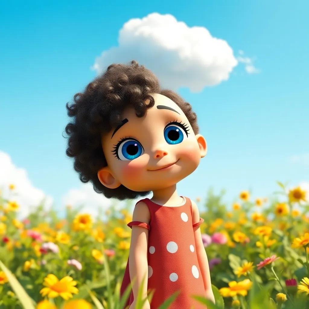 A curious girl, Lucy, with bright blue eyes and curly hair, standing in a sunny garden, looking up at a fluffy cloud in a bright blue sky, cheerful atmosphere, high quality