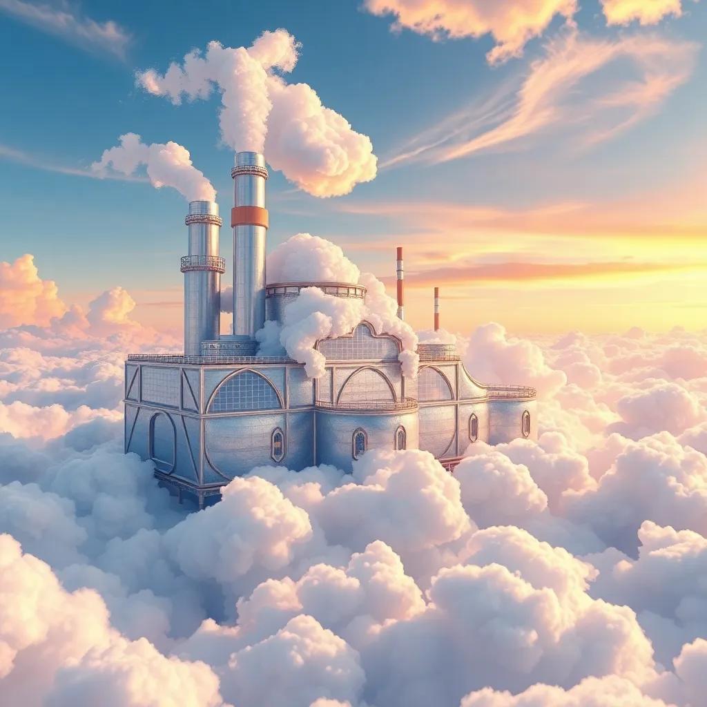 A magical cloud factory in the sky, made of shiny silver, with puffs of cotton-like cloud workers busy creating clouds, whimsical design, vibrant colors, enchanting view