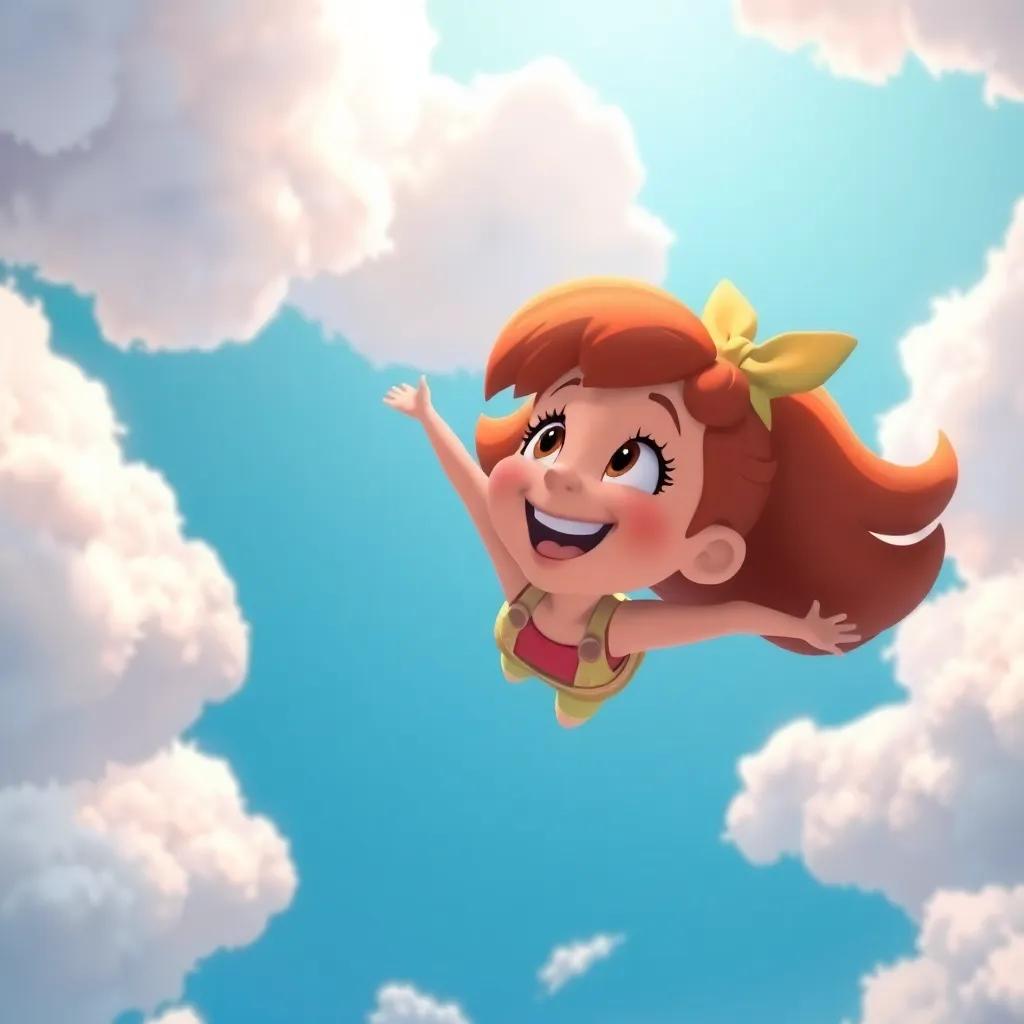 Lucy floating up into the sky, giggling with excitement, surrounded by fluffy clouds, a sense of adventure, bright and colorful, uplifting scene, enchanting perspective
