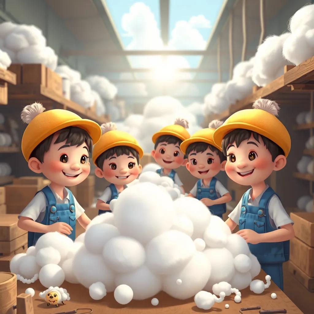 Friendly little cloud workers with tiny hats, working in the busy factory, crafting big fluffy clouds and little wispy ones, fun and lively atmosphere, joyful details