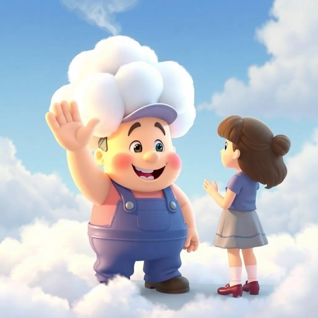 Cumulus, a little cloud worker, waving at Lucy, explaining the cloud-making process, surrounded by steam and clouds, engaging scene, colorful and inviting