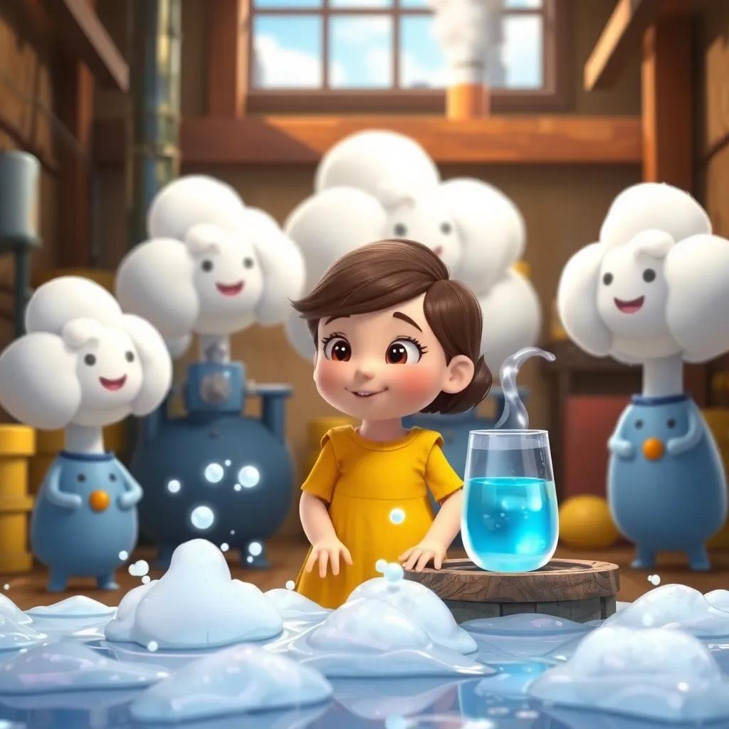 Lucy learning from Cumulus about gathering water and creating steam, with cheerful cloud workers assisting, vibrant factory setting, imaginative and educational