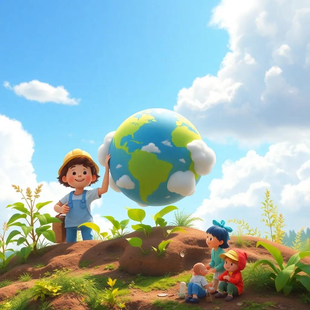 The little cloud workers proudly sharing how clouds help the Earth, with plants and people below enjoying the shade, heartwarming scene, colorful and engaging