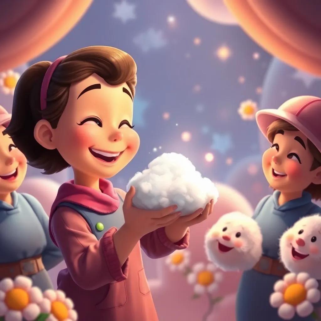 Lucy receiving a tiny cloud as a gift from the cloud workers, smiling with joy, surrounded by delighted cloud workers, magical and cheerful atmosphere, rich colors