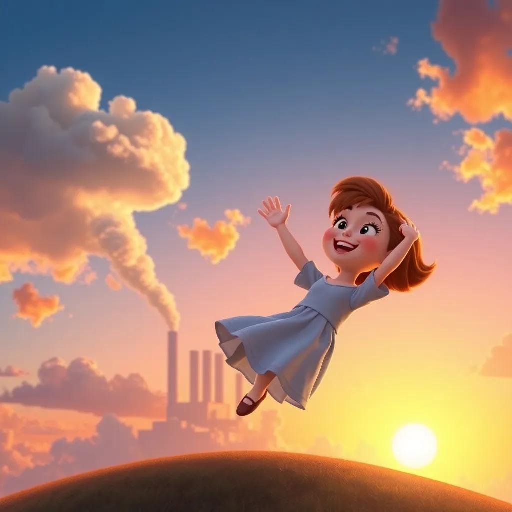 Lucy floating back to the ground, looking grateful and joyful, waving goodbye to the cloud factory in the sky, warm sunset colors, uplifting imagery
