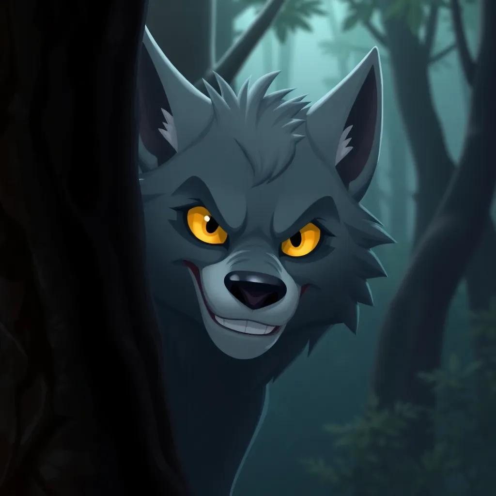 A sly gray wolf with yellow eyes displaying a mischievous grin, hiding behind a tree in a dark forest, digital painting, mysterious shadows, foreboding colors, high quality