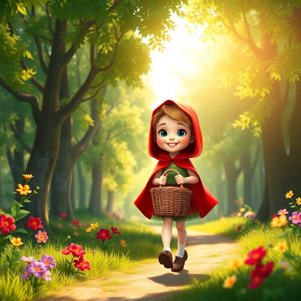 A happy girl, Little Red Riding Hood, with bright red cape and a woven basket, walking through a sunny forest filled with green trees and colorful flowers, digital art, cheerful atmosphere, warm sunlight filtering through the leaves, high quality
