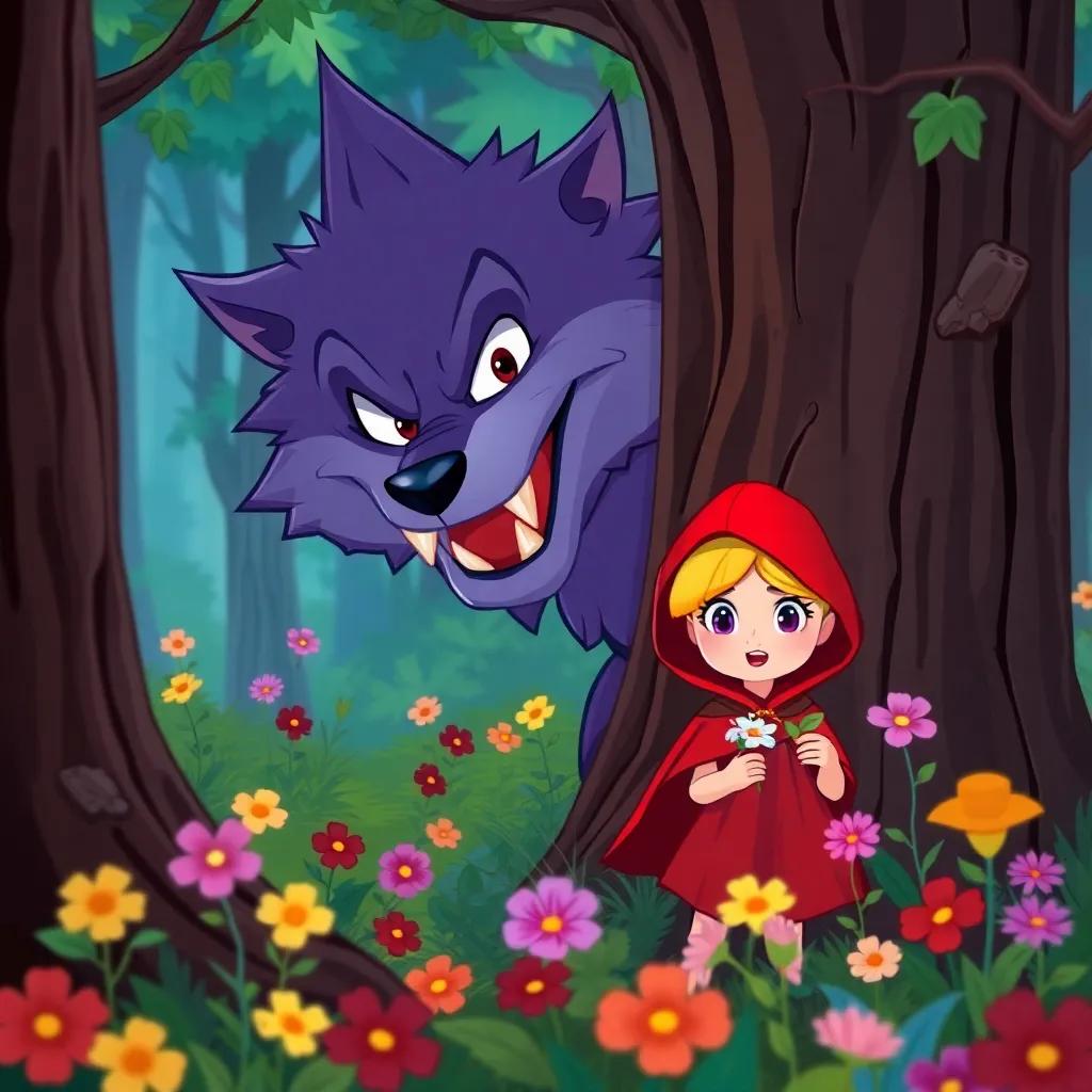 A sly wolf with sharp teeth and a cunning smile, hiding behind a tree while watching Little Red Riding Hood, who is picking flowers, in a vibrant forest full of colors, illustration, slightly ominous but playful, child-friendly