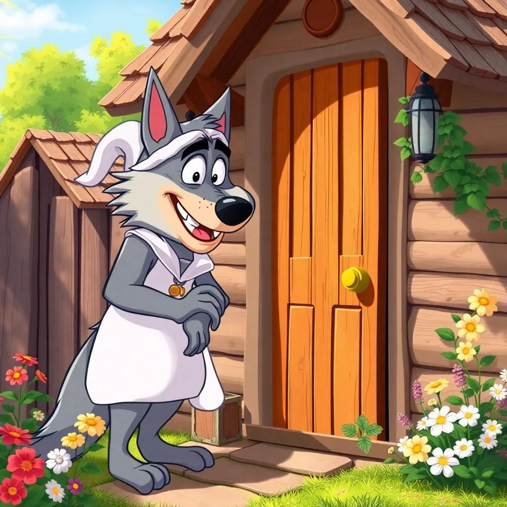 The wolf knocking on Grandma's door, wearing a nightcap and a dress, a cozy cottage with flowers in the garden, sunny day, bright colors, cartoon style, whimsical and humorous, high quality
