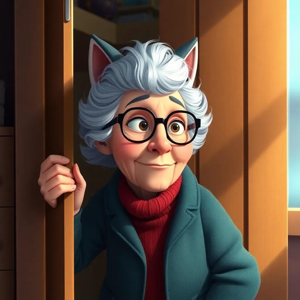 Grandma hiding in the closet, a brave woman with silver hair and glasses, glancing out cautiously, the wolf dressed in her clothes, in a quaint and colorful room, detailed digital art, light and shadow play, cheerful tone