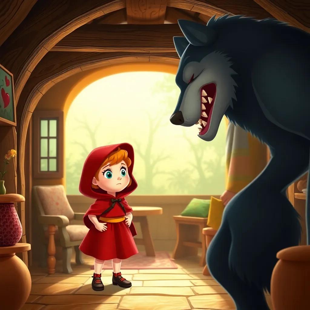 Little Red Riding Hood confronting the wolf, looking surprised and brave, with Grandma peeking out ready to protect her, inside the cottage with warm colors and furniture, fantasy art, vibrant and engaging, high quality