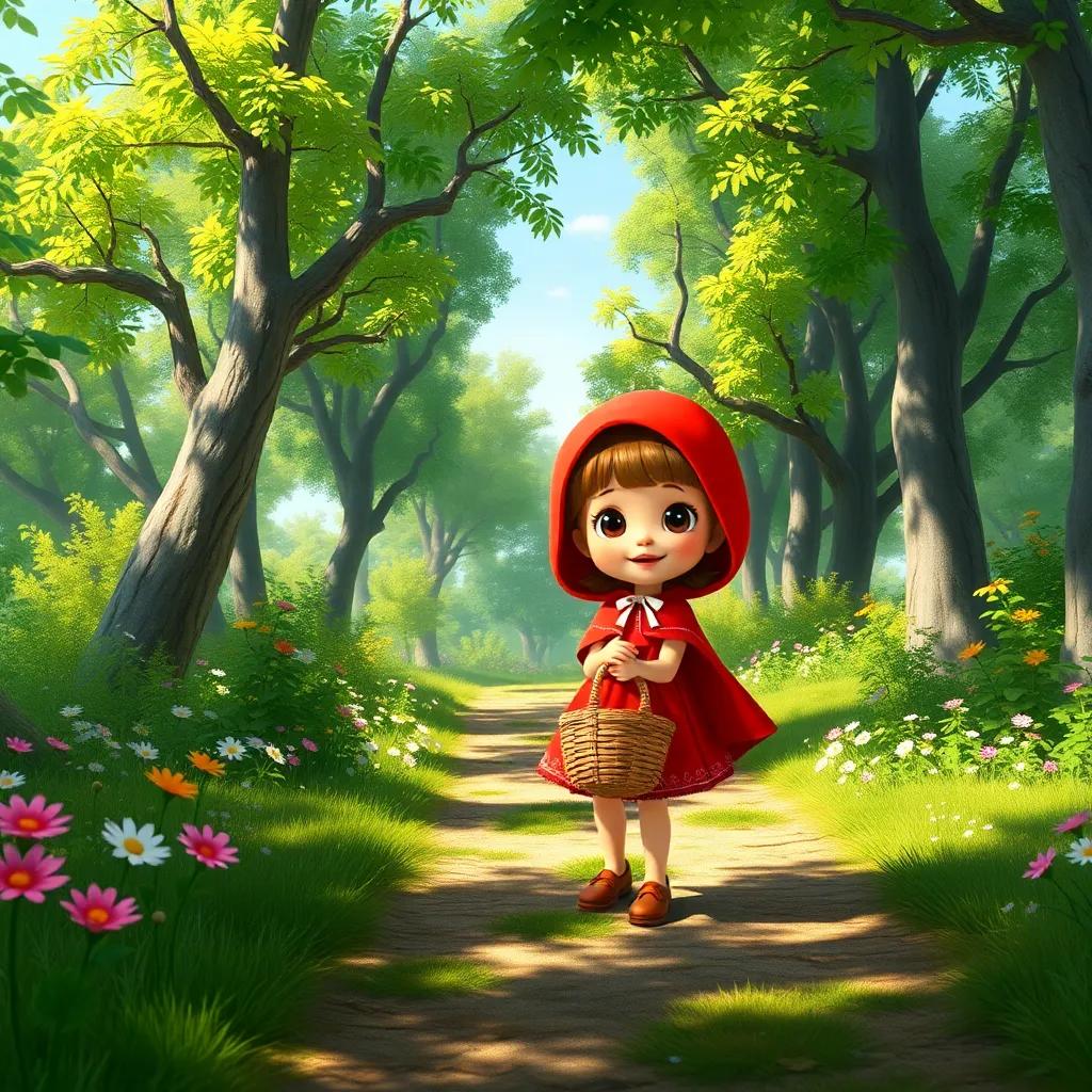 A sweet little girl, Little Red Riding Hood, wearing a bright red riding hood, holding a basket, in a sunny forest path, surrounded by lush green trees and flowers, cheerful atmosphere, digital art, bright colors, engaging perspective, high quality