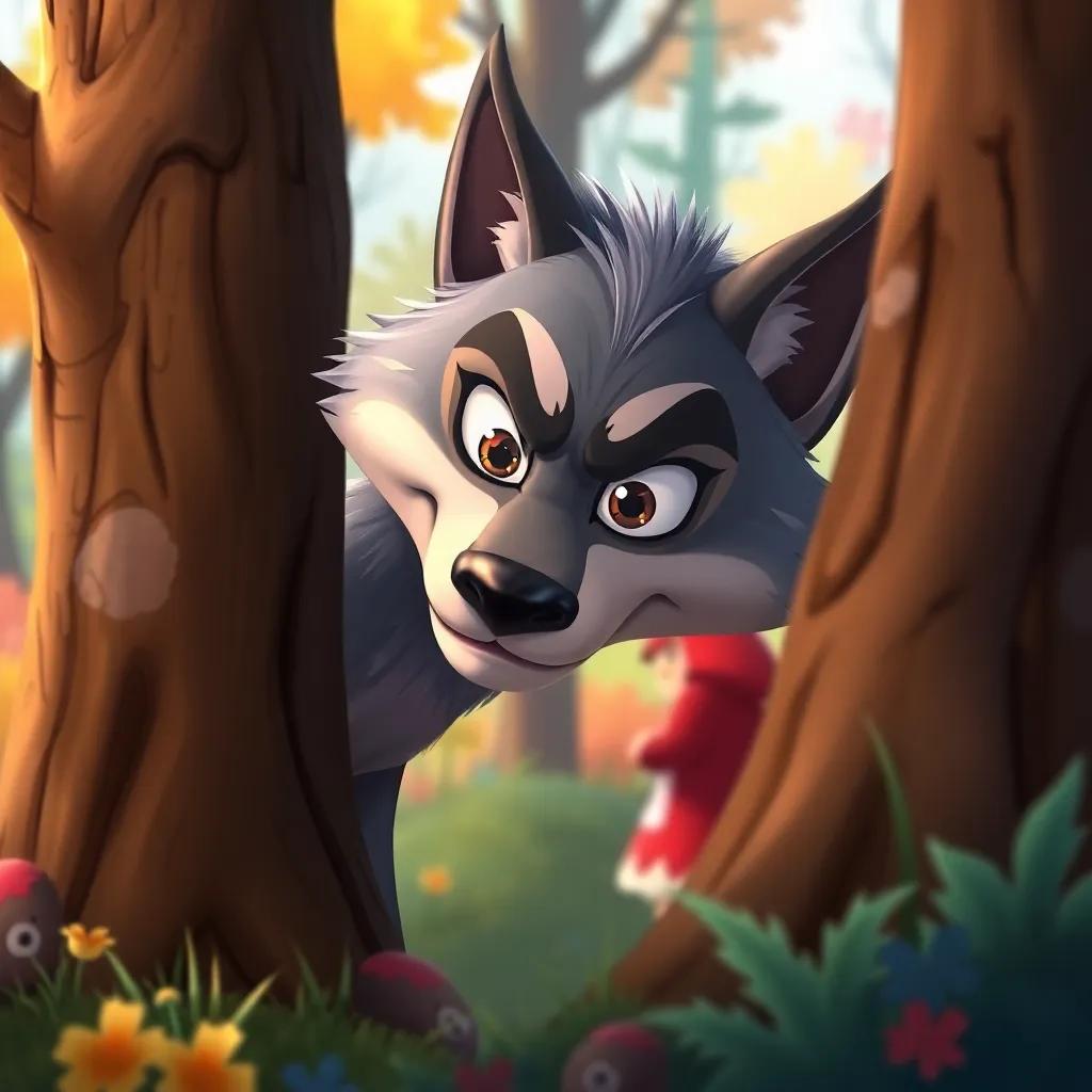 A sly wolf with mischievous eyes, in a colorful forest, looking at Little Red Riding Hood from behind a tree, playful and sneaky demeanor, nature backdrop, whimsical vibe, high quality