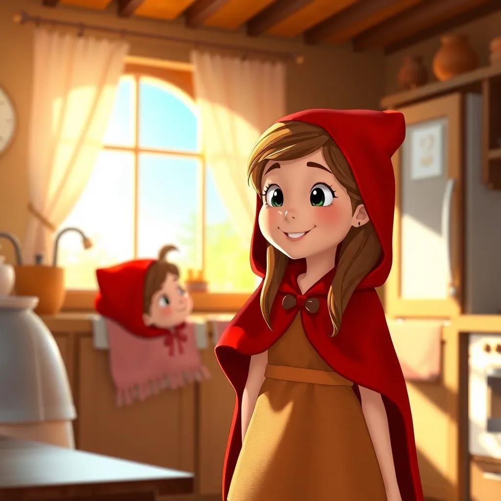 A cheerful Little Red Riding Hood, a young girl with brown hair wearing a bright red velvet cape, talking to her mother in a sunlit kitchen, digital art, warm atmosphere, cozy colors, high quality