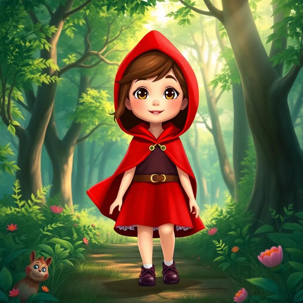 Little Red Riding Hood, a young girl with brown hair wearing a red velvet cape, walking confidently in a lush green forest with sunlight filtering through the leaves, illustration, vibrant colors, enchanting feel, child-friendly