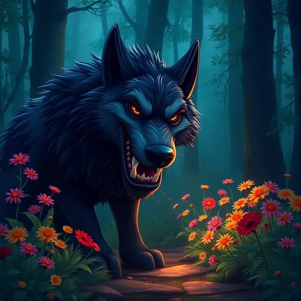 A sly wolf, large and grinning, with dark fur and sharp teeth, blocking the path near vibrant flowers in the woods, digital painting, mysterious atmosphere, contrasting colors, high quality
