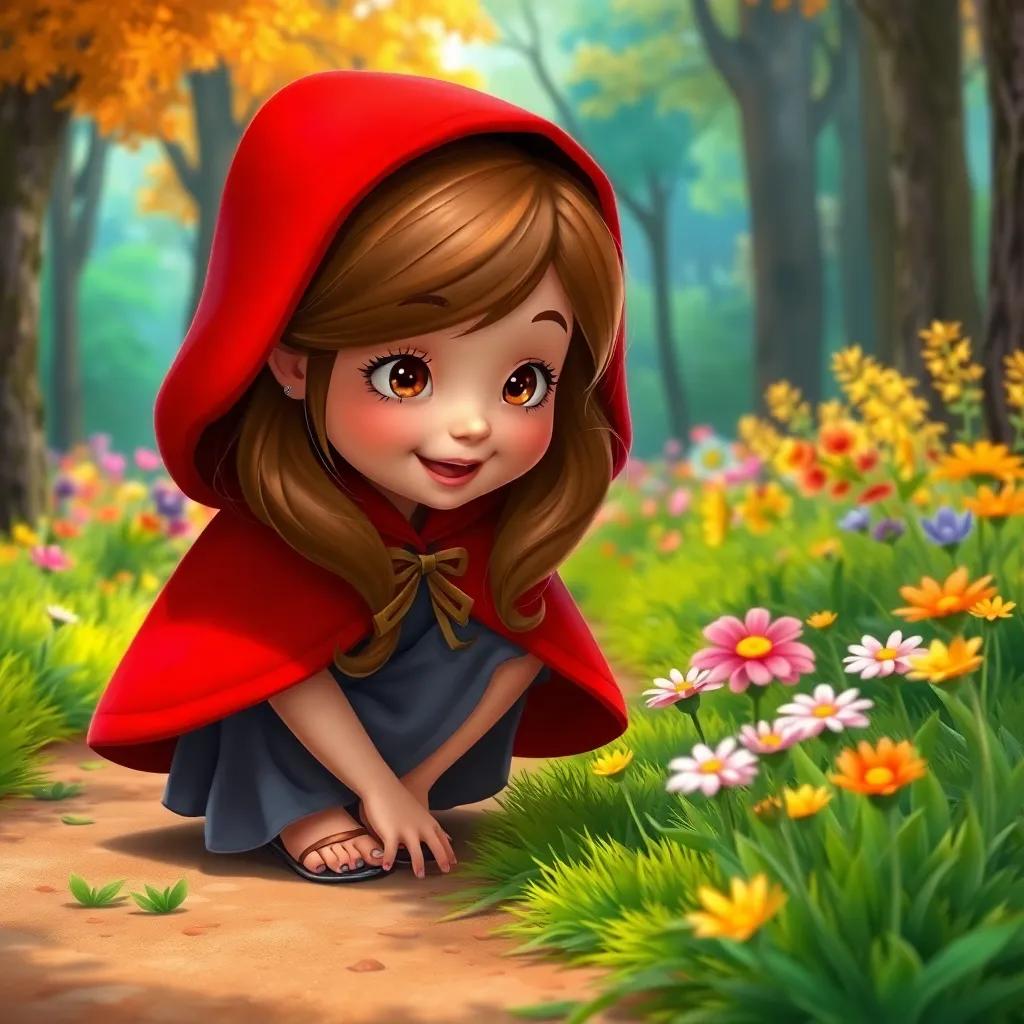 Little Red Riding Hood, a young girl with brown hair wearing a red velvet cape, kneeling to pick flowers excitedly off the path in a colorful forest, digital art, bright and cheerful, whimsical vibe