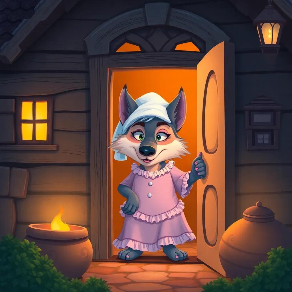 A cunning wolf in a grandmother's cozy cottage, with the door ajar, dressed in a nightcap and frilly sleeping gown, looking mischievous, illustration, inviting atmosphere, detail-rich, child-friendly